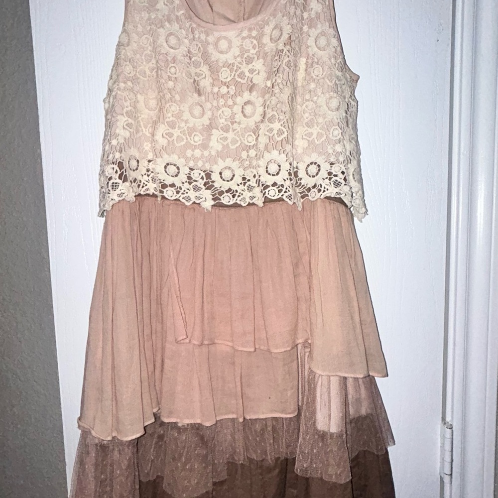 Ryu Cream and Brown Lace Layered Kids Dress